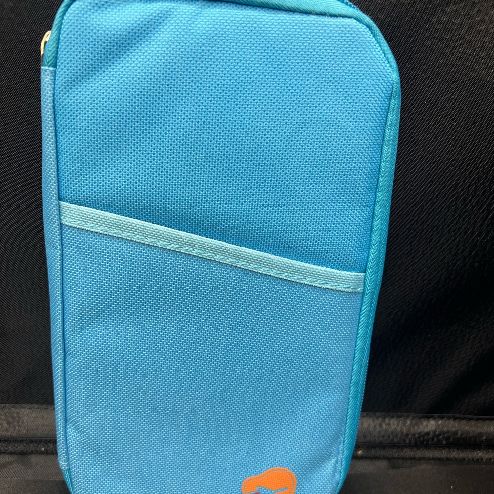 Blue Travel Organizer/ passport holder with Orange Logo